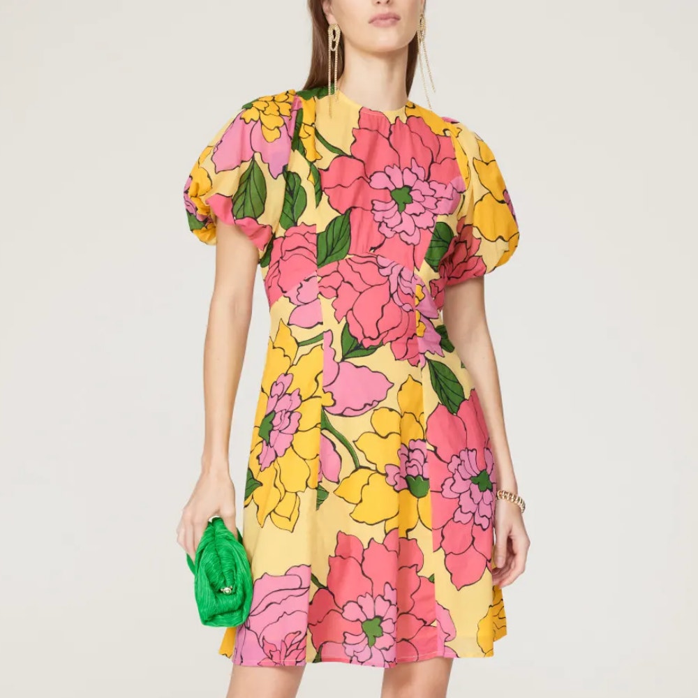 Banjanan Pink Floral Cottage Mini Dress Medium Fit Flare Cotton Puff Sleeve $315